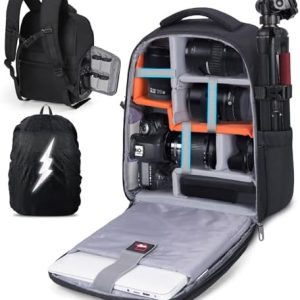 RAINSMORE Camera Backpack Camera Bag for DSLR/SLR Mirrorless 14 Inch Laptop Camera Backpack for Photographers Anti-theft Photography Bag with Rain Cover, Tripod Holder, Black